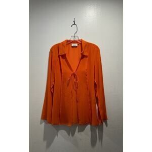 WEEKDAY Willow Chiffon Blouse Bright Orange Sheer Tie Front Resort Top Travel